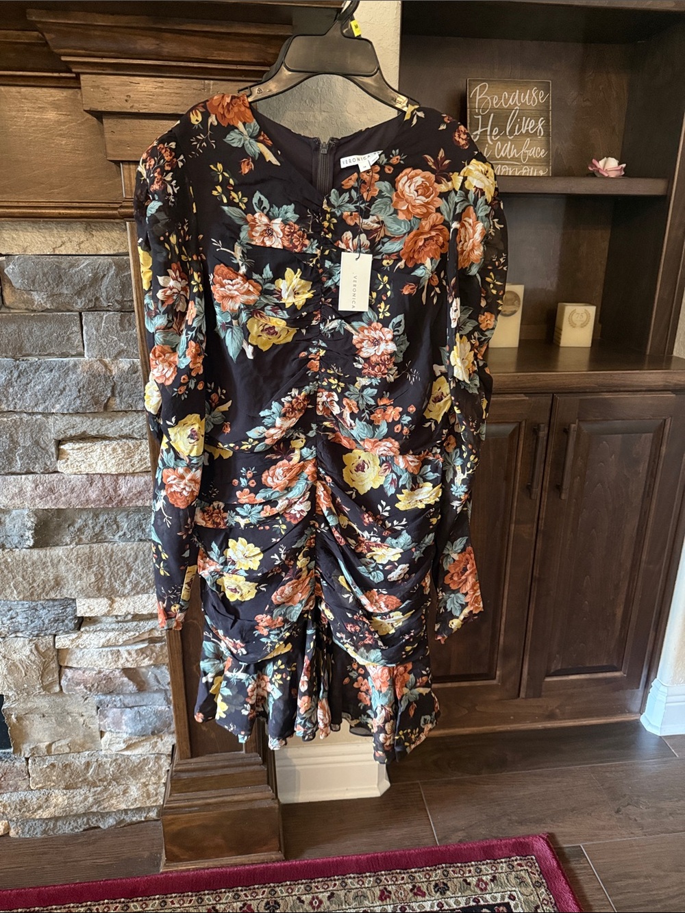 Veronica Beard Black Floral Long-Sleeve Ruched Dress